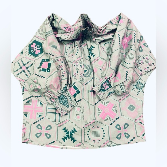 SHERIDAN FRENCH Becca Blouse Preppy Top w Puff Long Sleeves Ruffle Smocked Neck - Picture 7 of 16